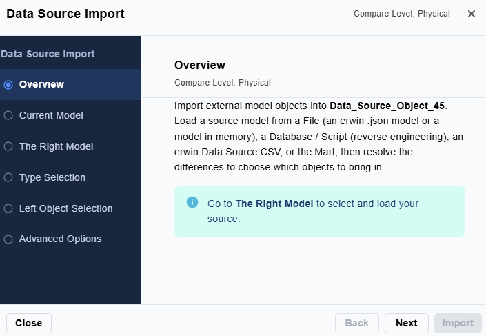 Overview page of the Data Source Import wizard listing the wizard pages in the left pane.
